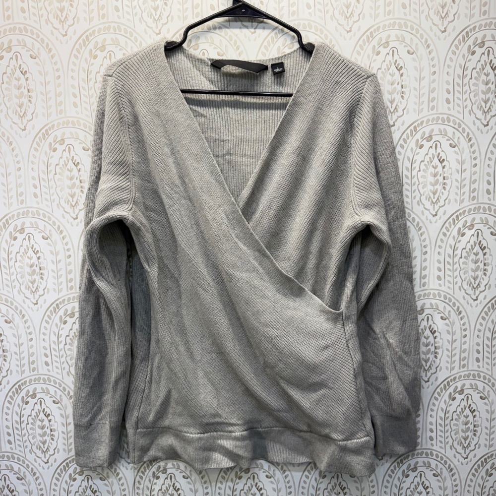 Harley Davidson Sweater Women Large Gray Wrap Front Ribbed Knit Wool Blend Logo